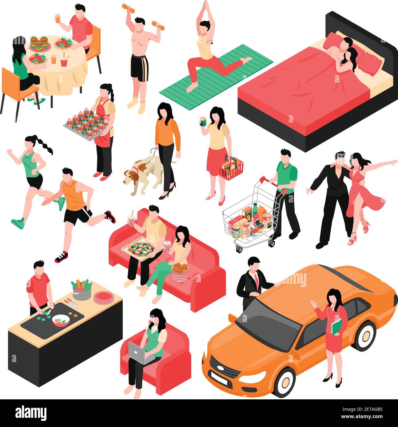 Chaque jour, homme et femme ensemble isométrique couple pendant manger illustration vectorielle isolée pour le shopping au travail et le sommeil Illustration de Vecteur