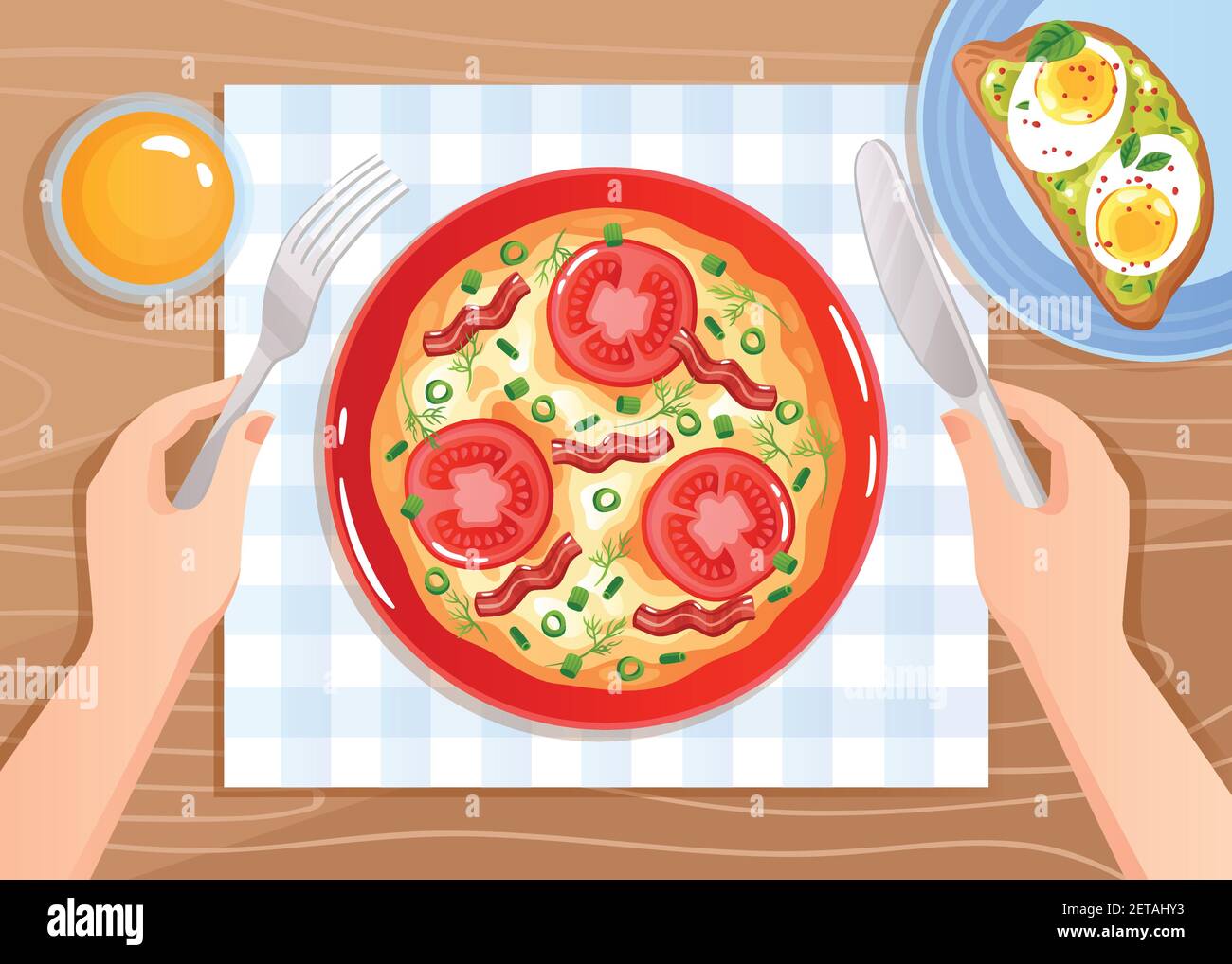 Mains avec des couverts sur des œufs brouillés avec des tomates et du bacon illustration vectorielle plate sur fond de table en bois Illustration de Vecteur