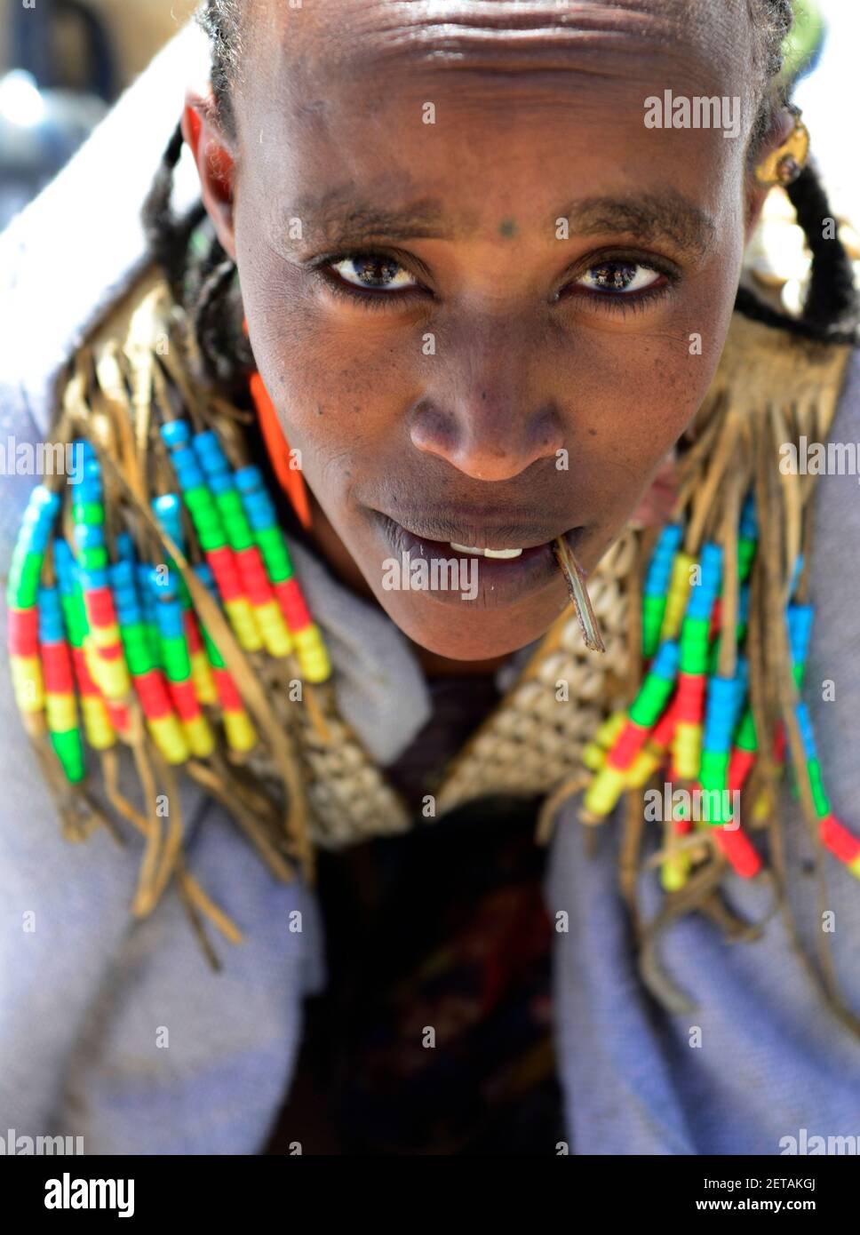 Portrait d'une femme Tigrayan prise sur le marché dynamique de Mekele, en Éthiopie. Banque D'Images