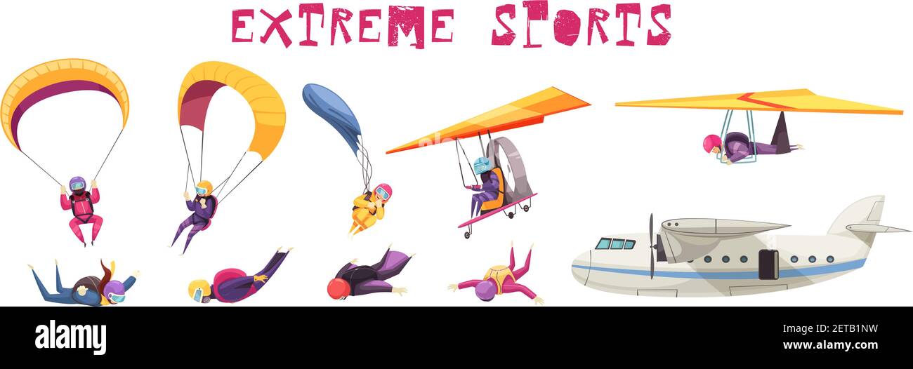 Collection d'icônes plates avec saut en parachute et éléments de sport extrême illustration vectorielle isolée du planeur d'avion en chute libre Illustration de Vecteur
