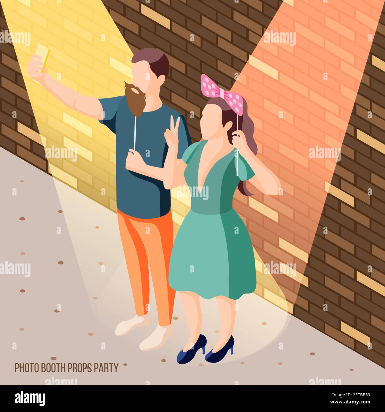 Photostand fête fête fête fête célébration isométriques brique mur fond poster avec couple de fixation des accessoires dans l'illustration vectorielle des spots Illustration de Vecteur