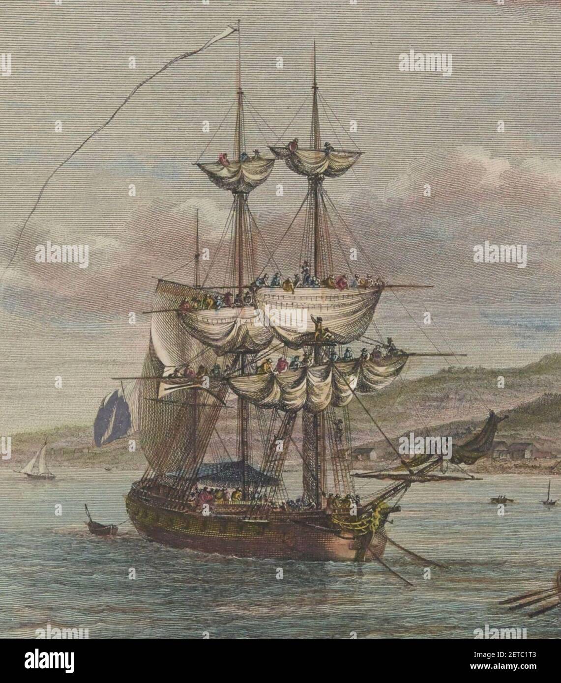 Petite frégate avec ses gabiers à la manœuvre dans les eaux de la Guadeloupe en 1776. Banque D'Images