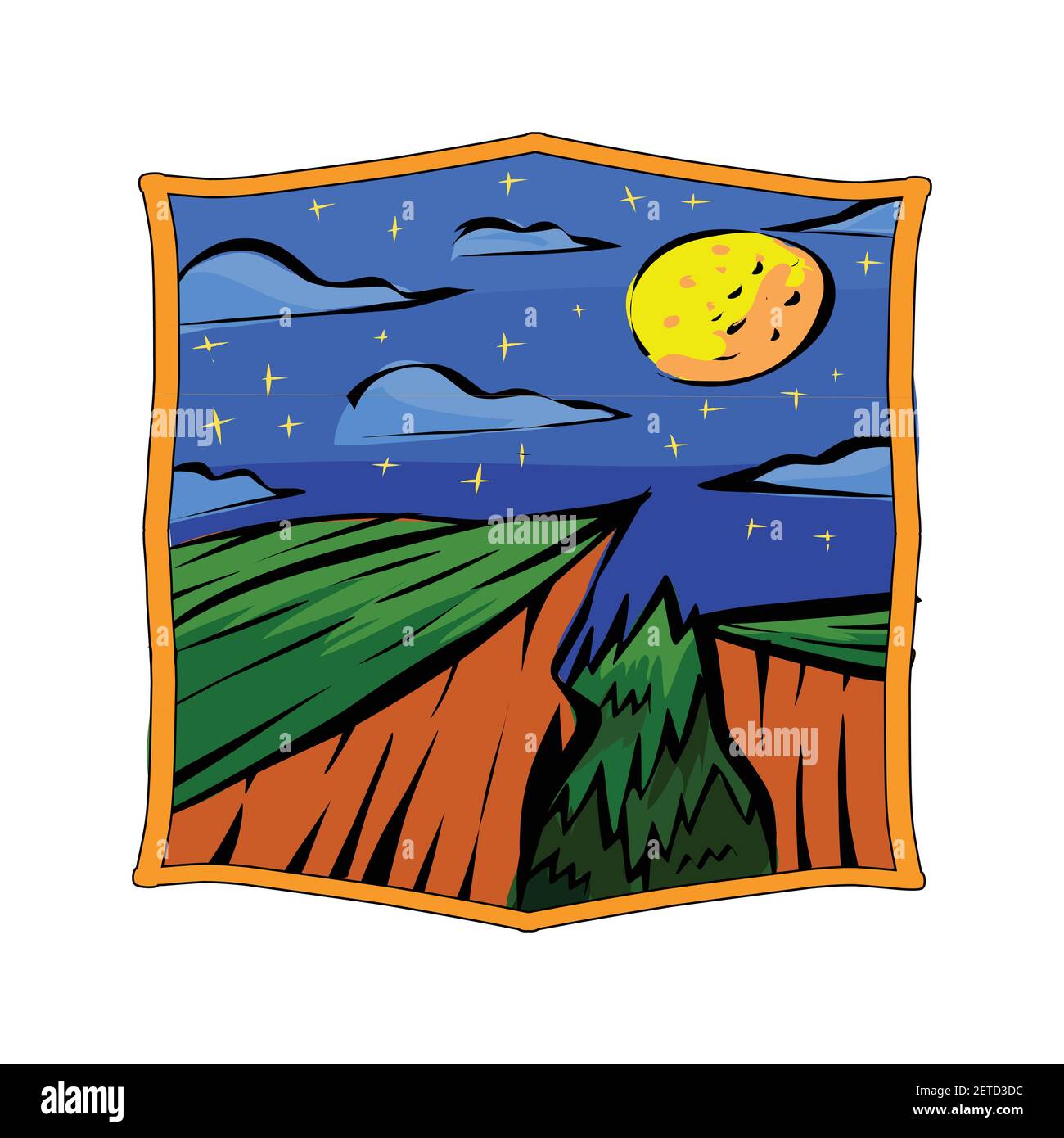 Vecteur de badge Starry Night Valley. Vue étoilée avec illustration de la montagne. Illustration de Vecteur