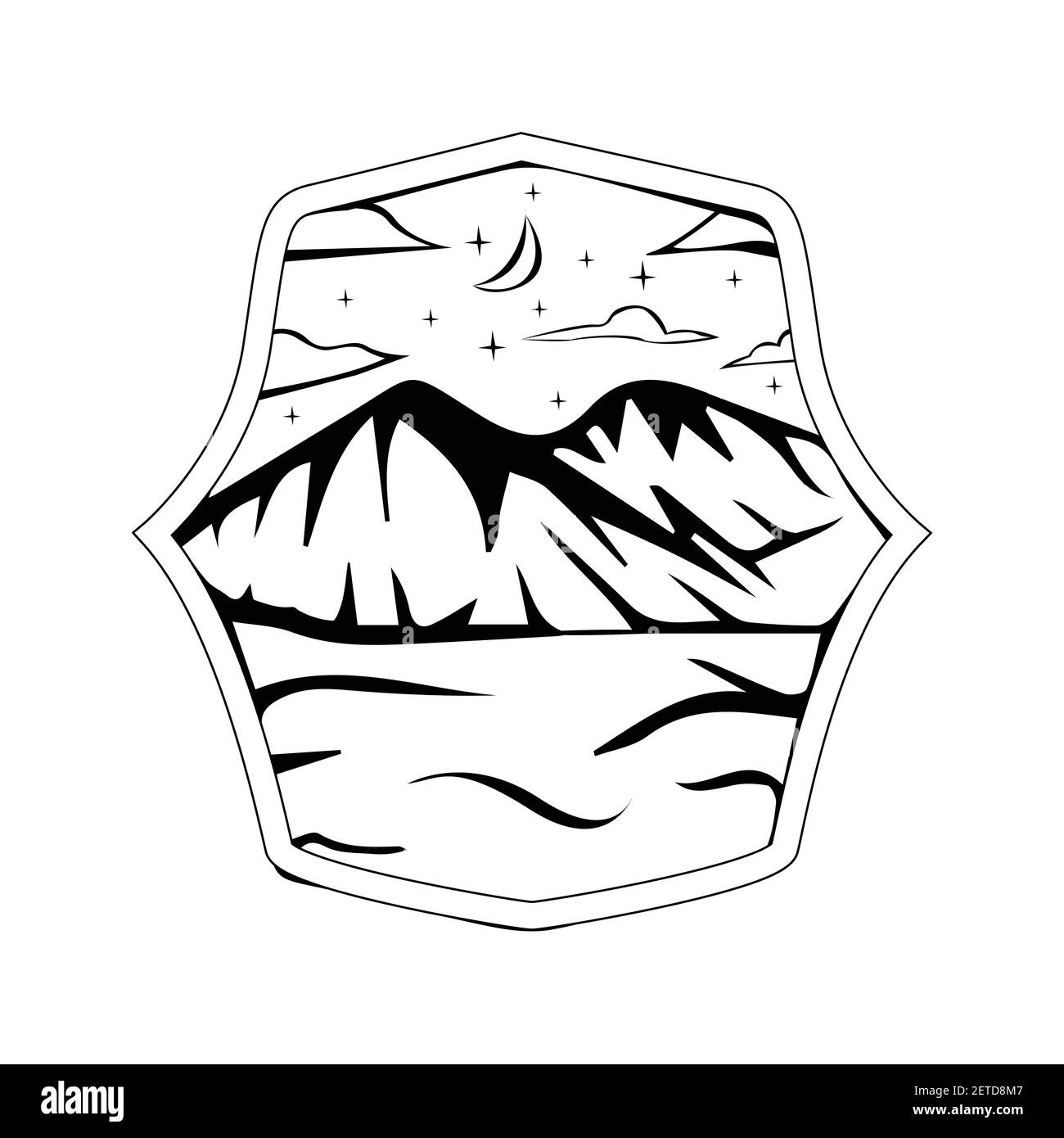 Vecteur de l'écusson Starry Night Ice Land. Vue étoilée avec illustration de la montagne. Illustration de Vecteur