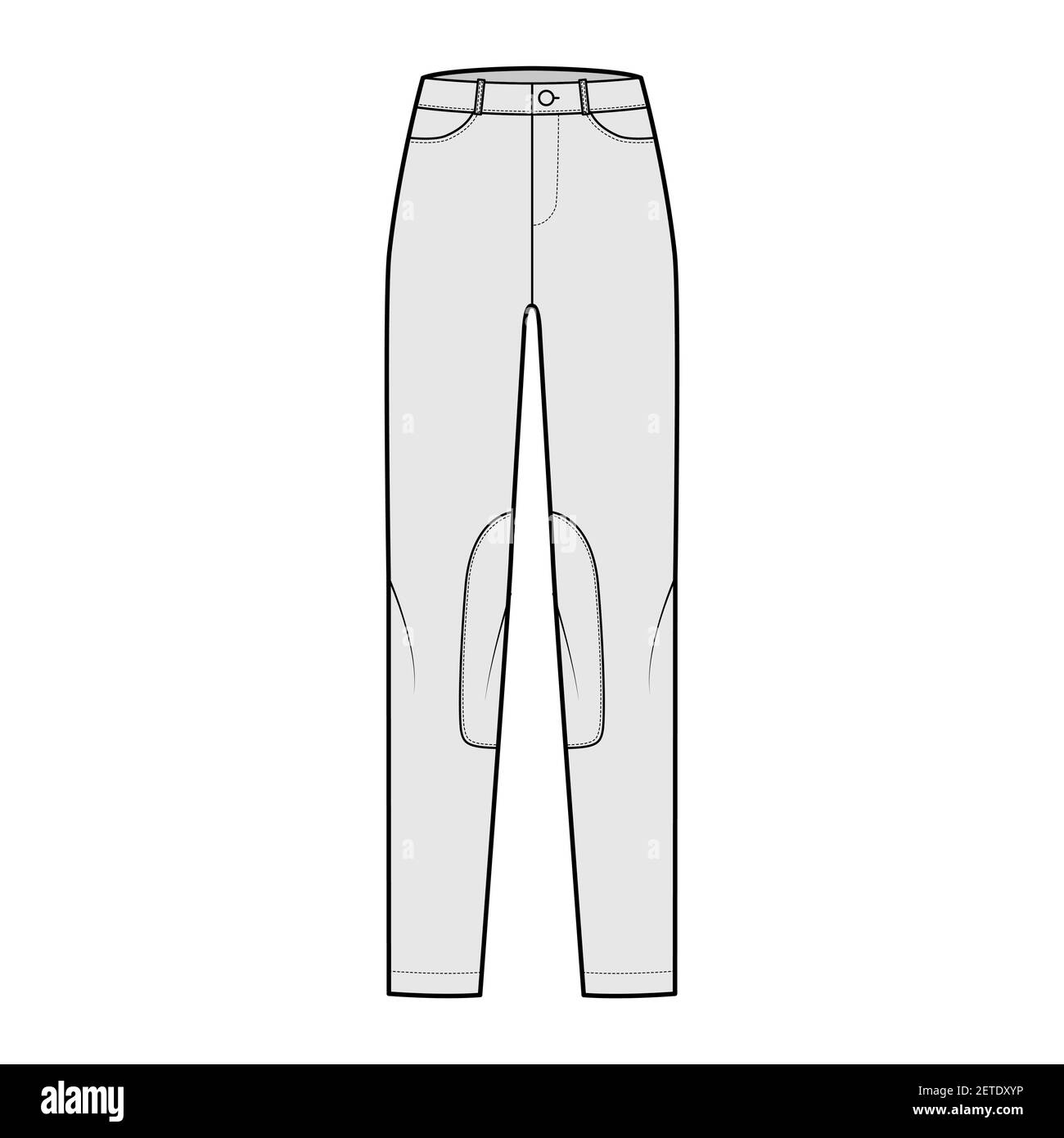 Ensemble de jeans Kentucky Jodhpurs pantalons denim illustration technique de la mode avec taille basse, taille, passants de ceinture, longueurs complètes. Modèle de vêtement à fond plat de couleur grise sur le devant. Femmes, hommes, maquette de CAD unisex Illustration de Vecteur