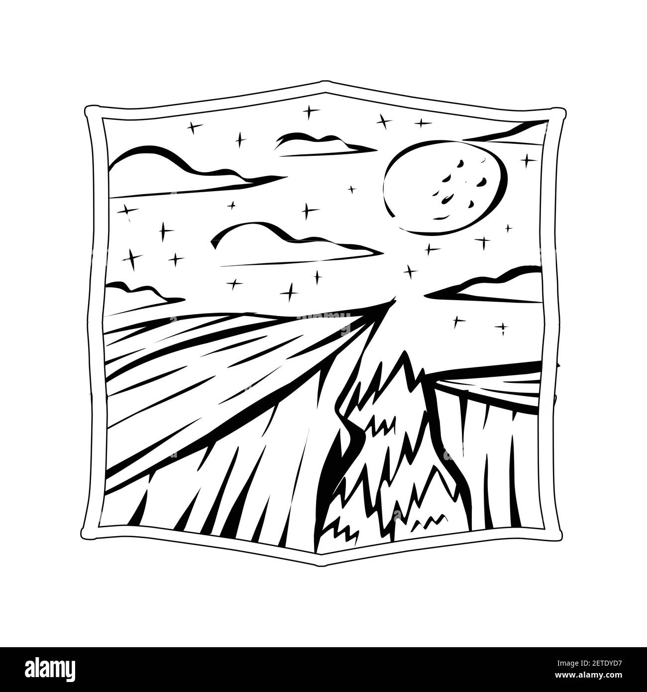 Vecteur de badge Starry Night Valley. Vue étoilée avec illustration de la montagne. Illustration de Vecteur