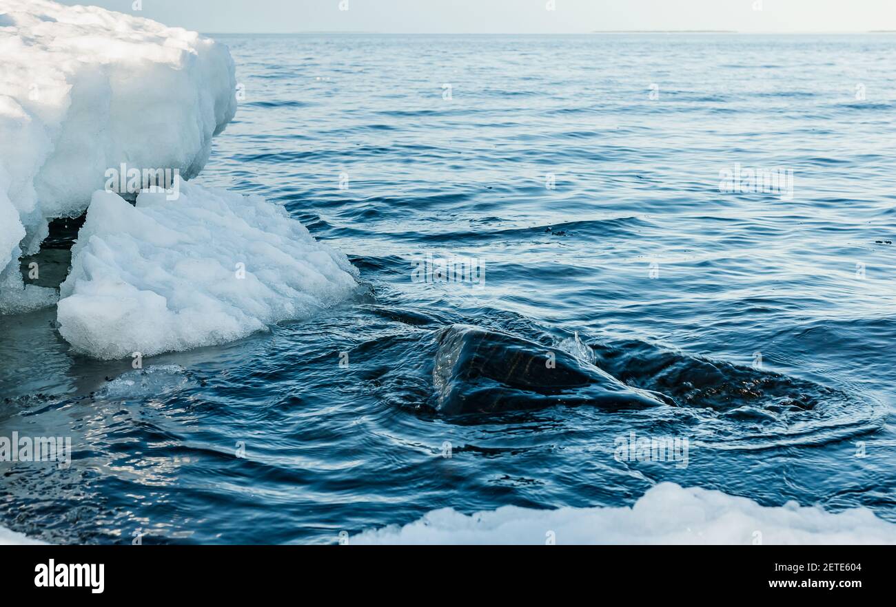 Mer Baltique suédoise avec neige et glace fin février 2021 à l'approche du printemps. Banque D'Images