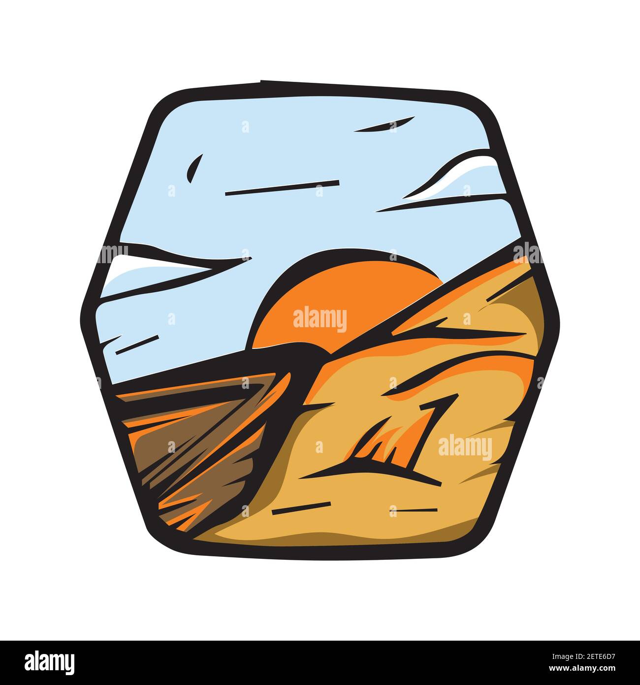 Vecteur autocollant coucher de soleil bateau. Vue sur le coucher du soleil avec illustration de la maison et de la montagne, vecteur autocollant coucher du soleil. Illustration de Vecteur