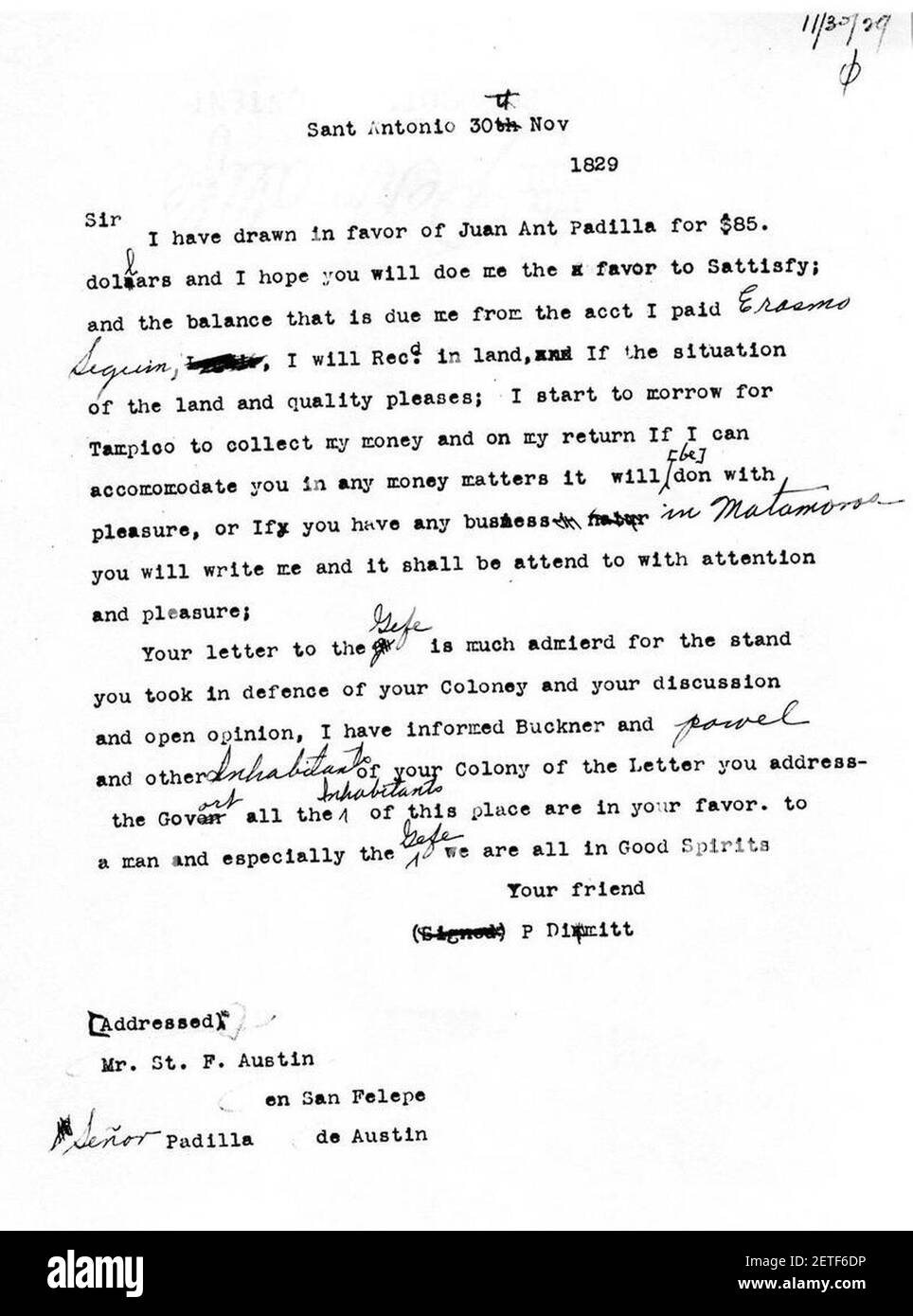 Lettre de Philip Dimmitt à Stephen F. Austin le 30 novembre 1829. Banque D'Images