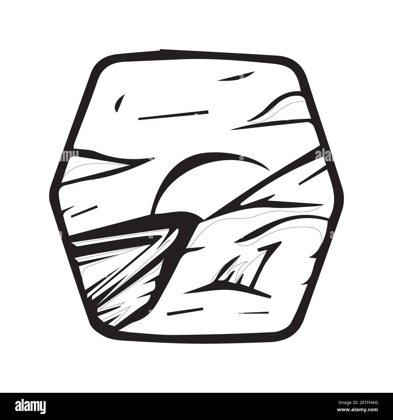 Vecteur autocollant coucher de soleil bateau. Vue sur le coucher du soleil avec illustration de la maison et de la montagne, vecteur autocollant coucher du soleil. Illustration de Vecteur