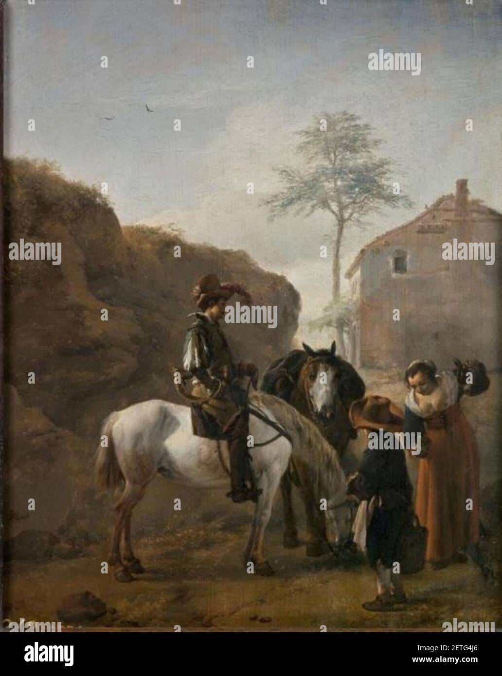 Philips Wouwerman - Landschap met halthoudende jager en zijn pakpaard, een vrouw die drank inschenkt en een jongen met emmer, op de achtergrond een huis - P002145 Banque D'Images