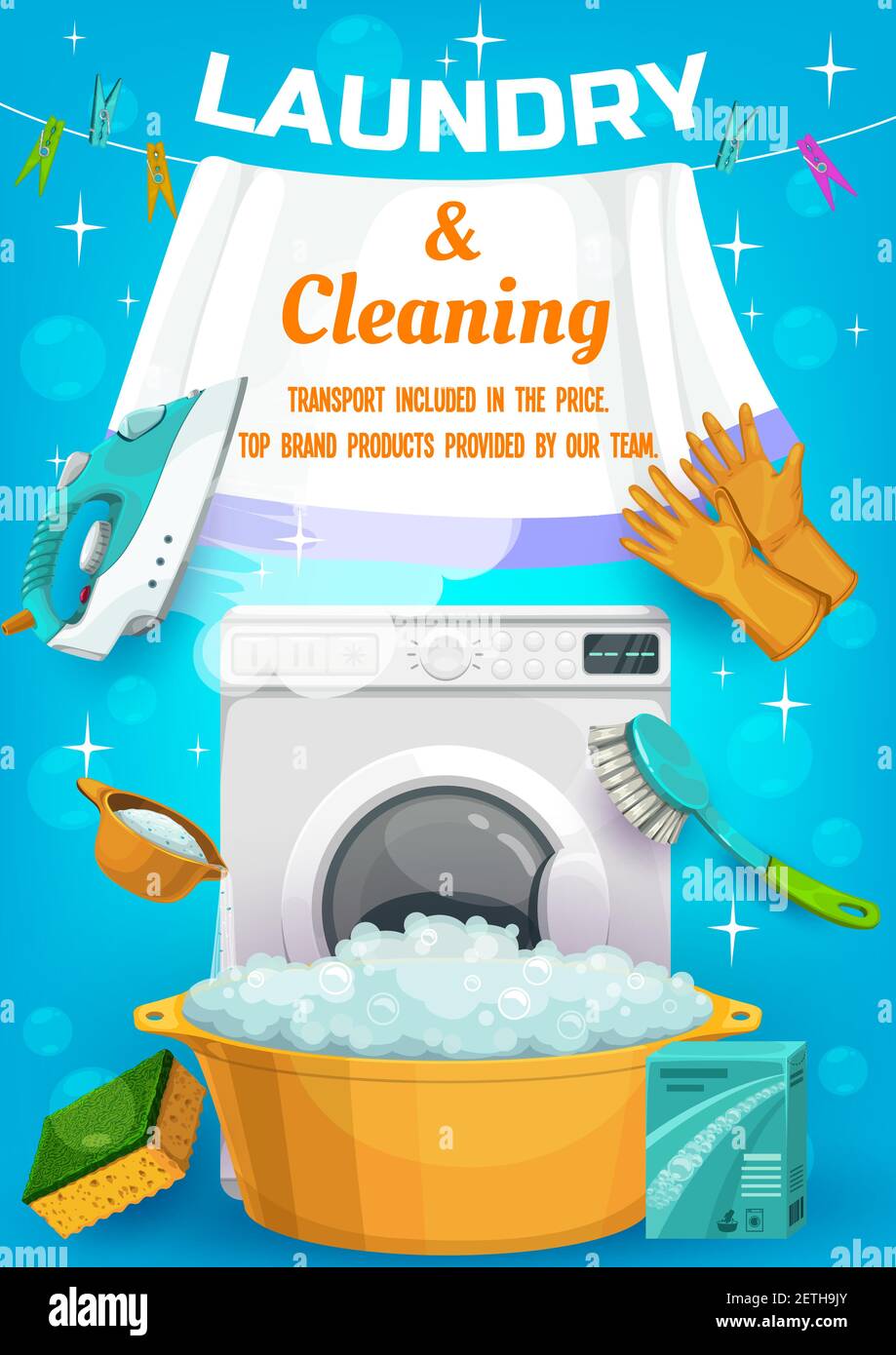 Service de blanchisserie et de nettoyage avec vecteur outils pour le ménage  lave-linge, lessive et lavabo, gants en caoutchouc et éponge avec brosse.  Nettoyez la raise Image Vectorielle Stock - Alamy