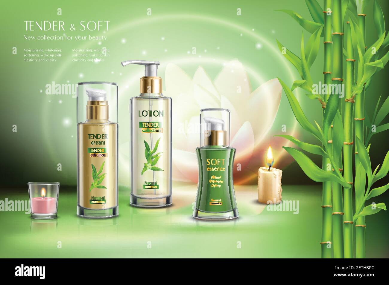 Cosmétiques publicité peau adoucissant beauté baume crème hydratant pulvérisateurs distributeurs bougies aromatiques tiges de bambou composition réaliste vecteur illus Illustration de Vecteur