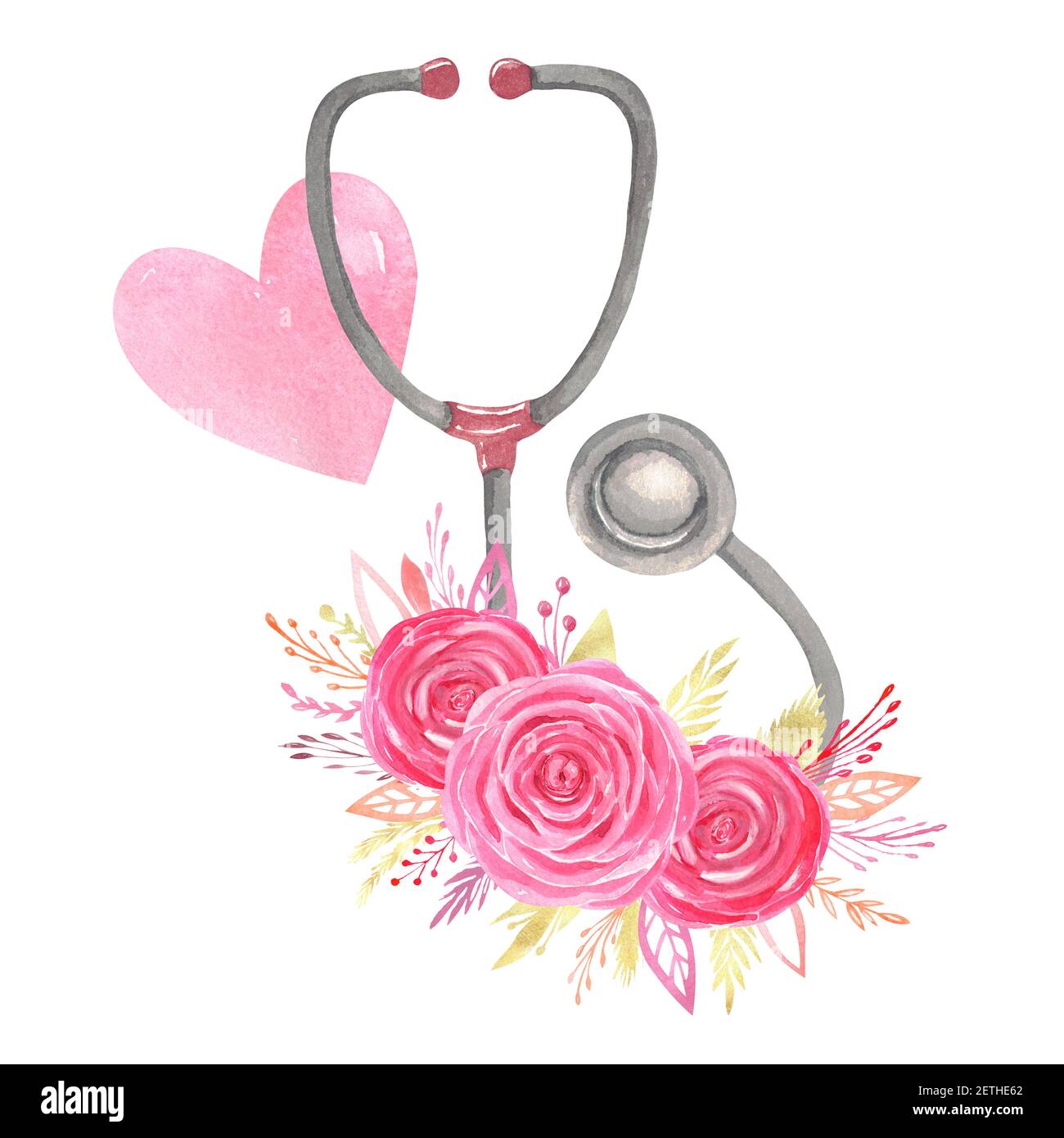 Aquarelle stéthoscope composition florale coeur rouge sur fond blanc. Conception par sublimation vie de l'infirmière Banque D'Images
