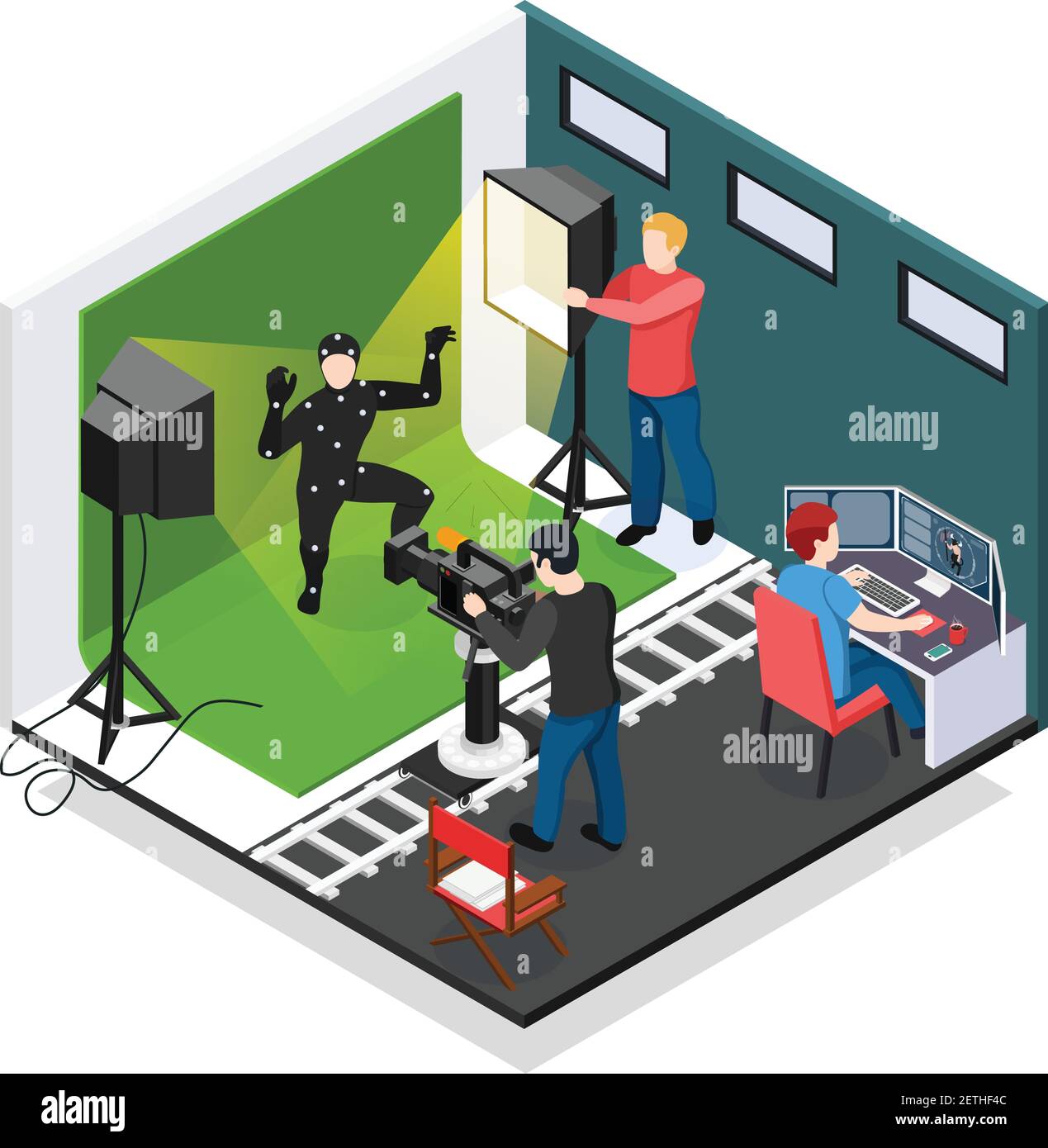 Composition isométrique de capture de mouvement de cinéma avec illuminateur de vidéaste d'acteur et graphiste pendant l'illustration du vecteur de travail Illustration de Vecteur
