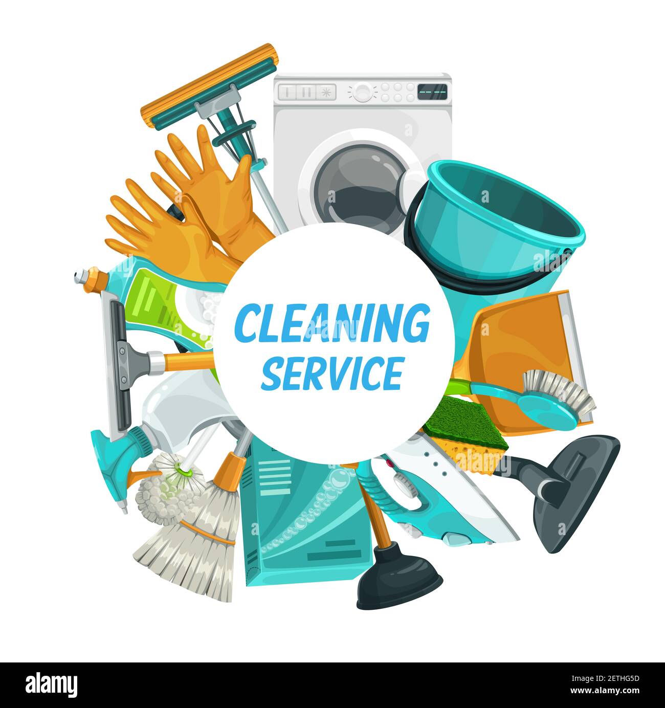 Service de nettoyage de maison, blanchisserie et nettoyage de ménage,  bannière vectorielle. Service à la maison propre, outils et fournitures de  nettoyage à la maison balai mop, laund Image Vectorielle Stock -