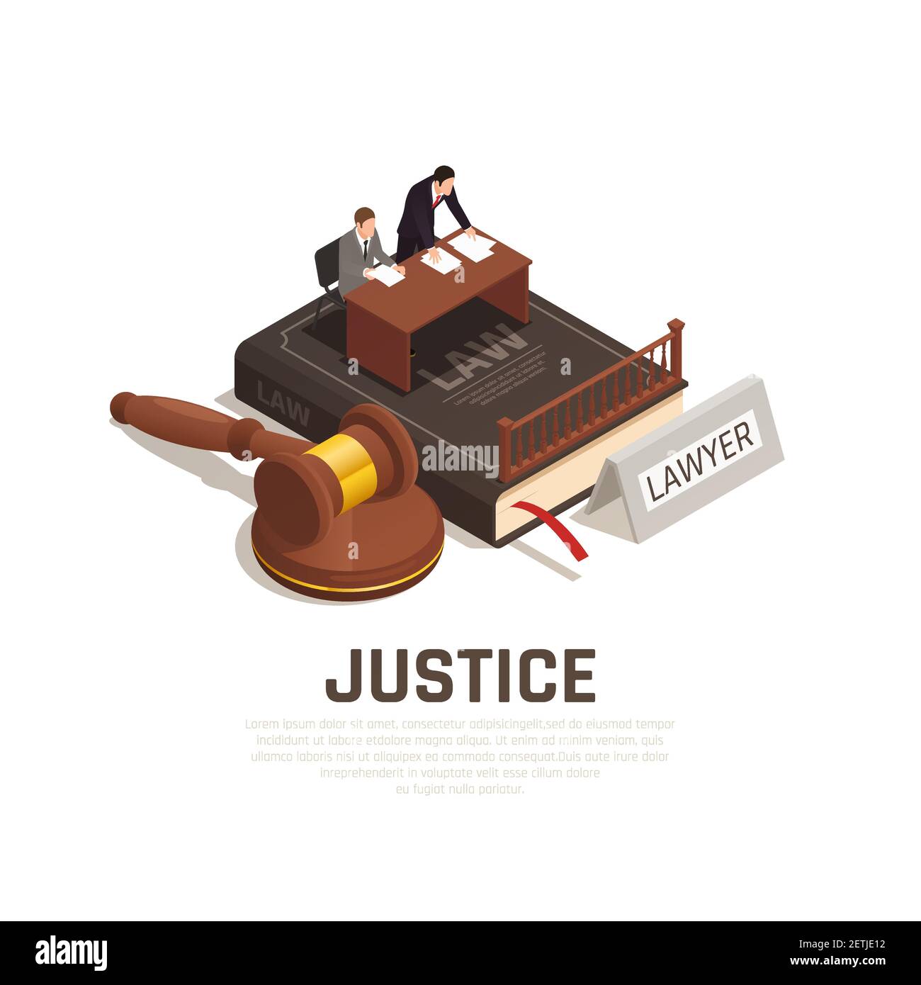 Droit justice procédure de justice composition isométrique sur le livre de code civil avec l'avocat de la défense défenderesse maillet illustration de vecteur Illustration de Vecteur