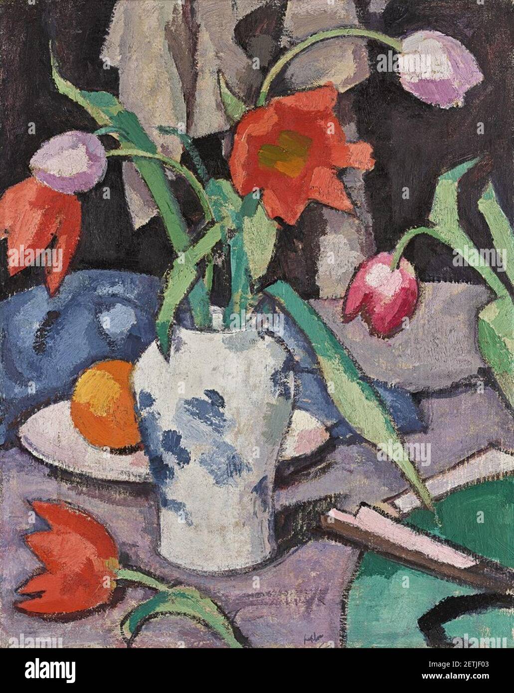 Encore-vie avec Tulips et Fan par Samuel John Paploe, 1923. Banque D'Images