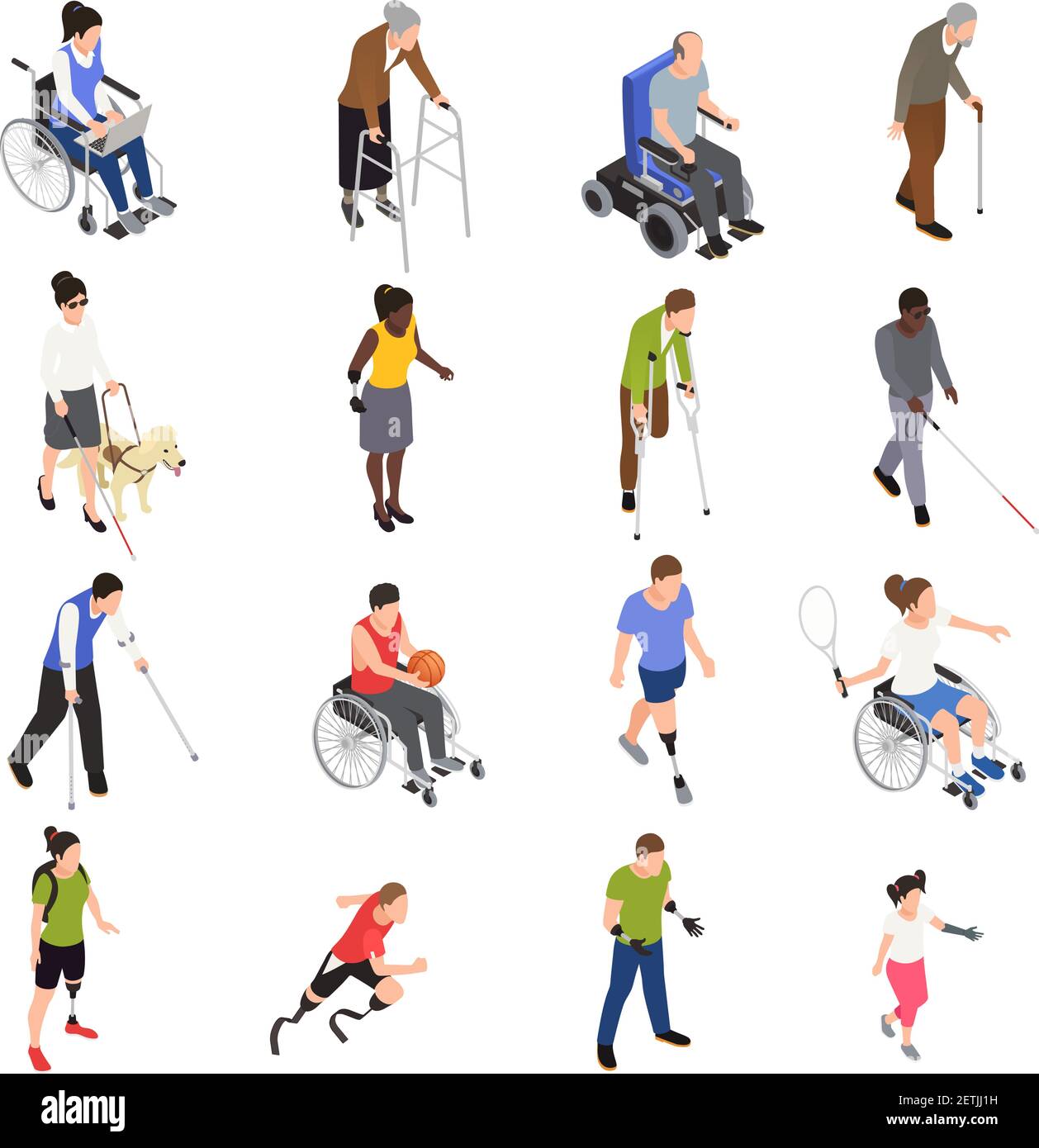 Personnes handicapées blessés activités de plein air icônes isométriques avec des sports les amputés de membre se déplaçant à l'aide de l'illustration vectorielle de fauteuil roulant Illustration de Vecteur