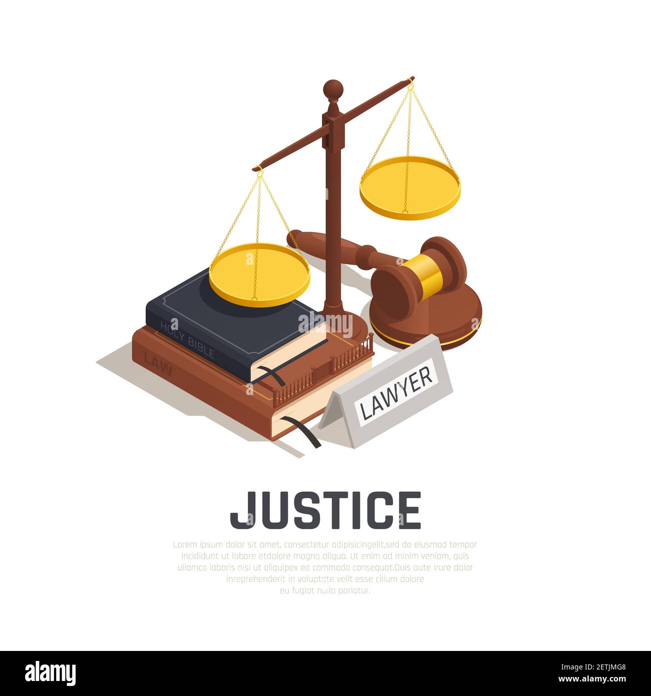 Loi isométrique composition avec maillet juridique livre de code bible et illustration vectorielle du symbole de l'échelle de justice Illustration de Vecteur