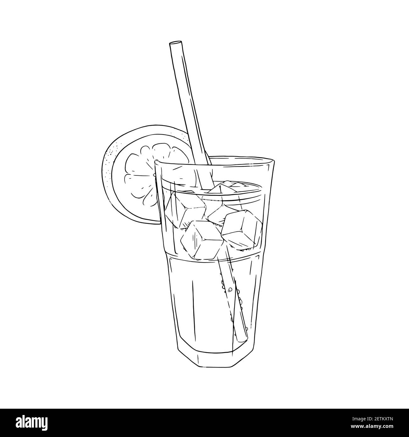 Verre à cocktail avec citron, glace et paille. Cocktail tropical isolé sur fond blanc. Illustration vectorielle gravée Illustration de Vecteur