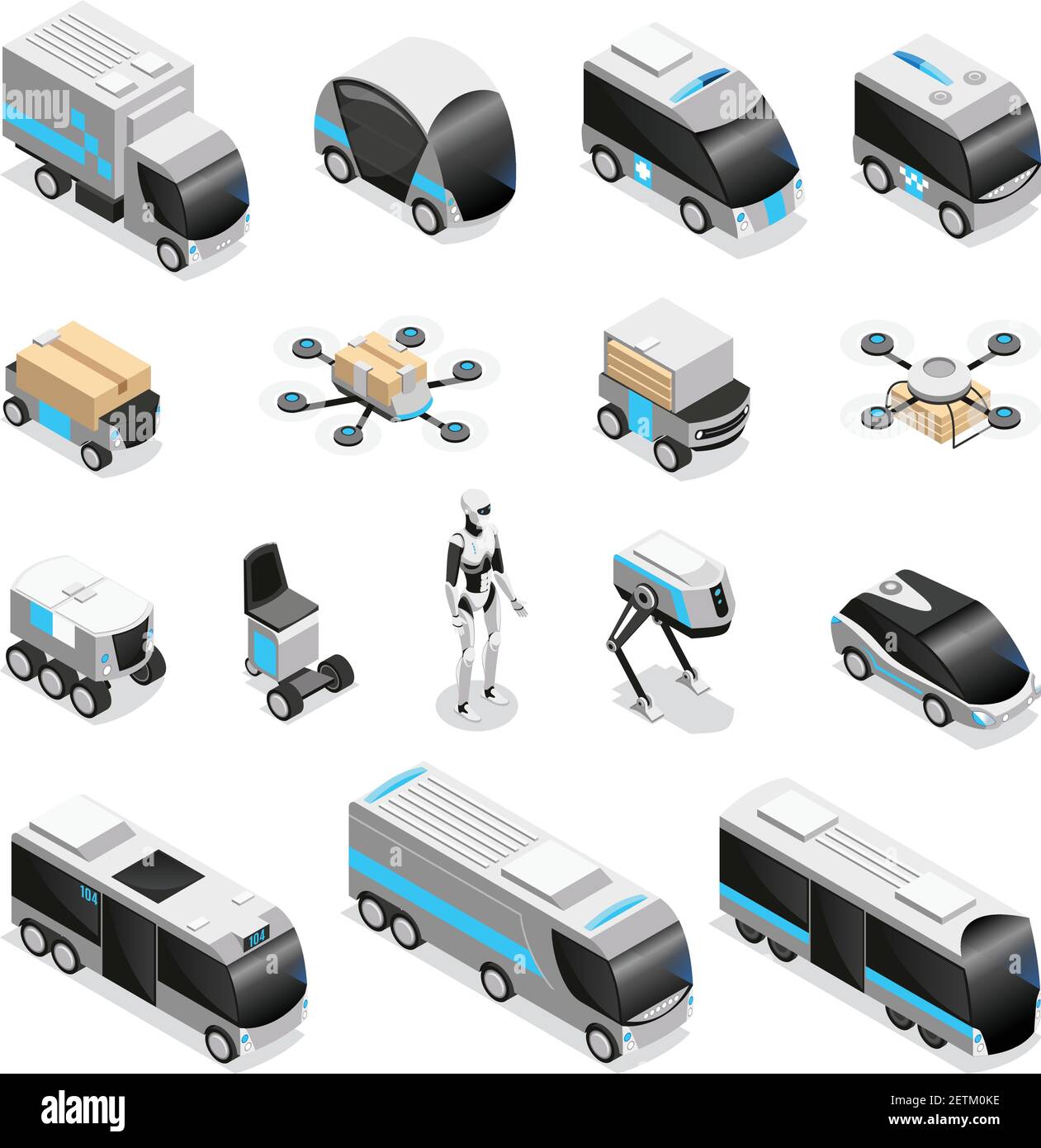 Collection d'icônes isométriques à livraison automatique de robot avec télécommande CUTE illustration vectorielle de drones humanoïdes quadruples véhicules sans pilote Illustration de Vecteur