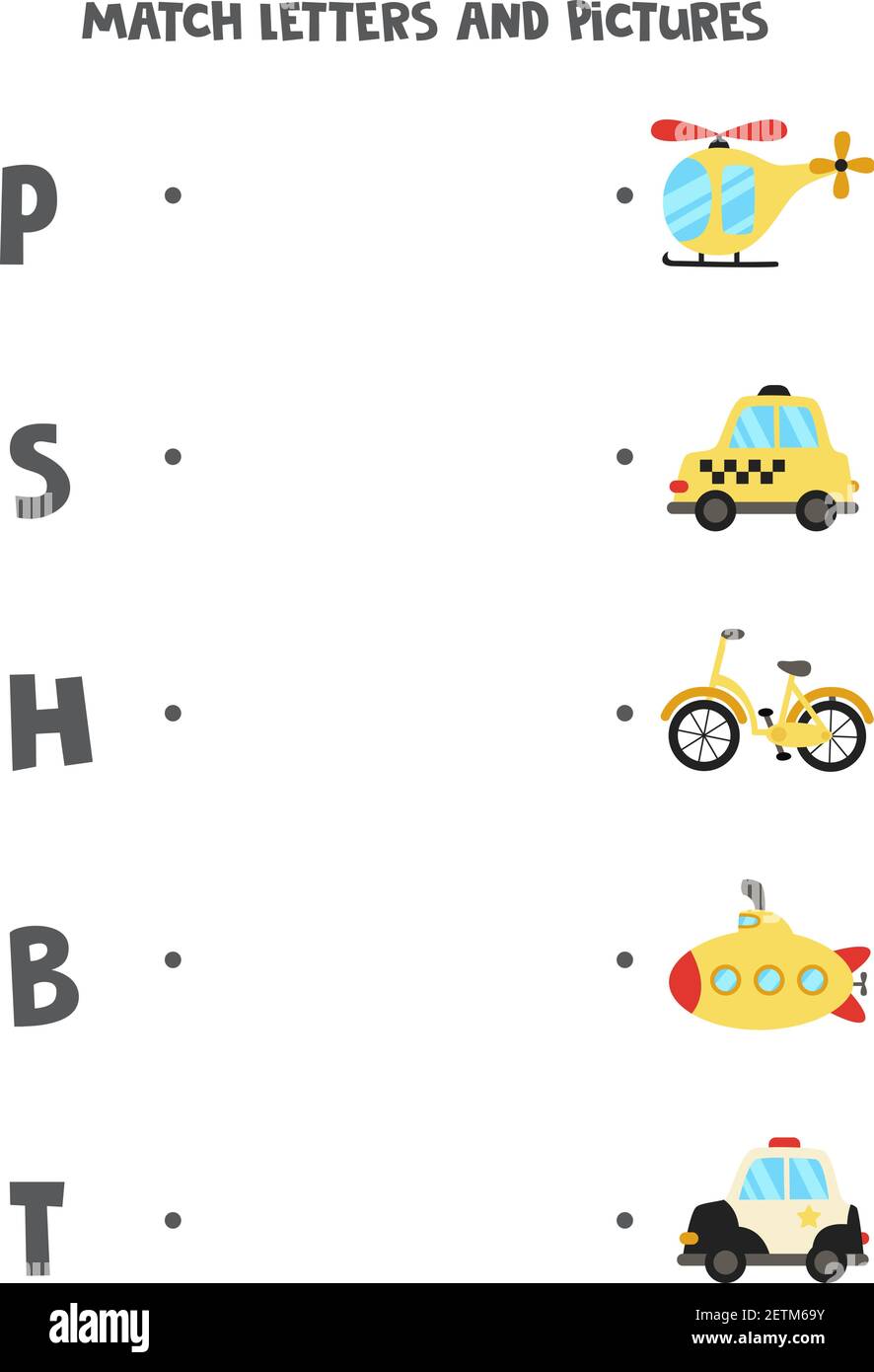 Associez les moyens de transport aux lettres de l'alphabet. Jeu éducatif. Illustration de Vecteur