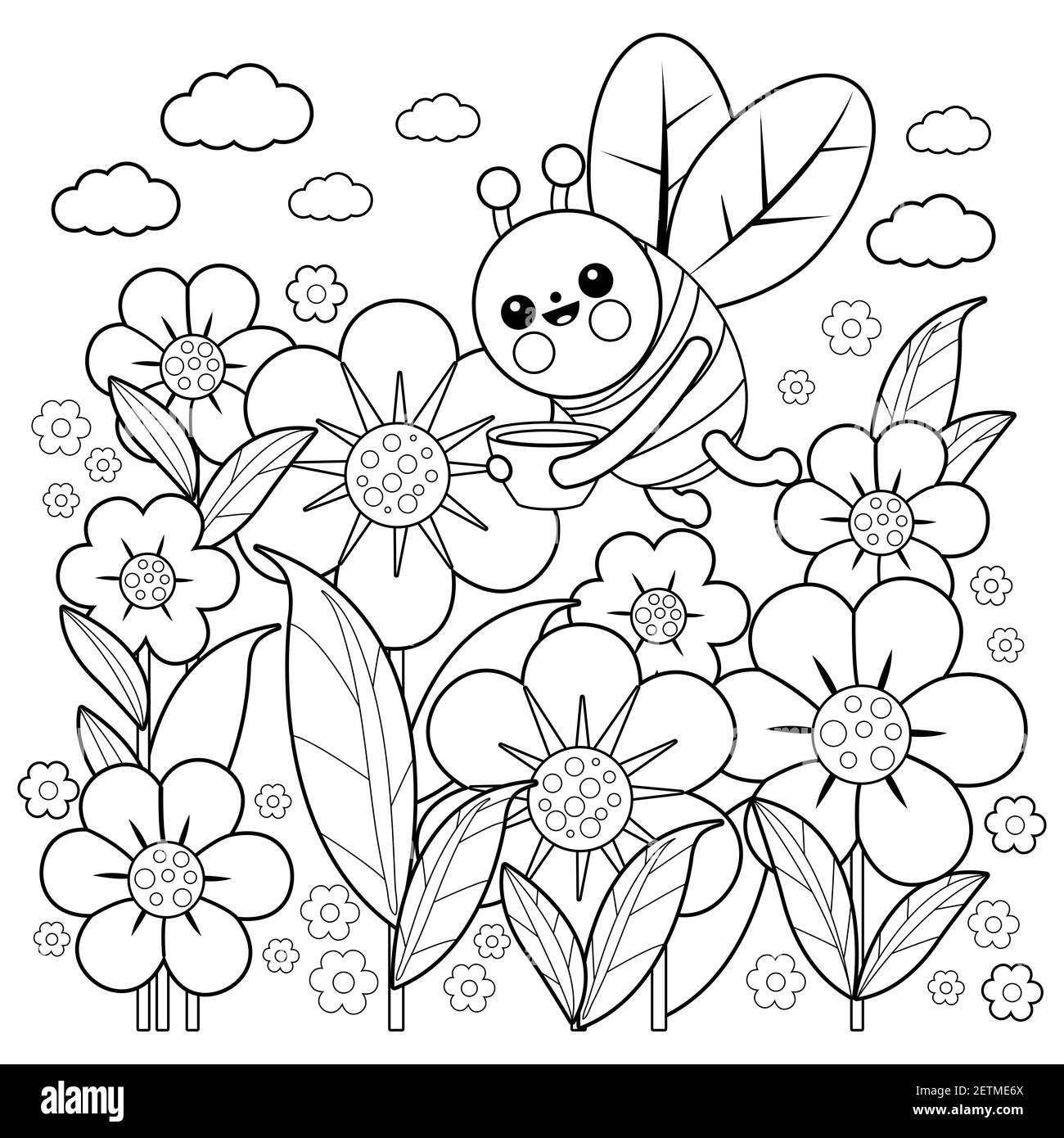 Une abeille volant autour des fleurs au printemps. Page de couleur noir et blanc. Banque D'Images