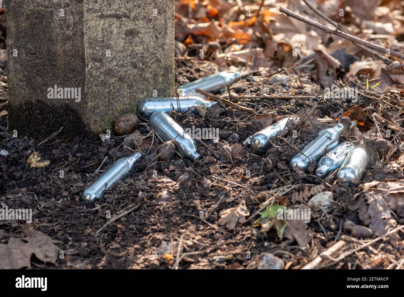 Bidons d'oxyde nitreux brillants (gaz riant) rejeté dans la campagne par des jeunes irresponsables Banque D'Images
