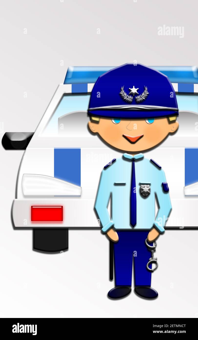 Dessin animé d'un joli policier heureux, avec sa voiture de police. Cette illustration fait partie d'une collection de professions différentes. Banque D'Images