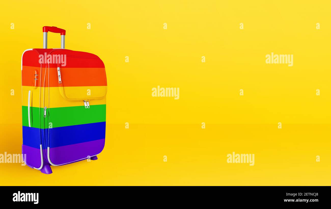 Valise LGBTQ drapeau communautaire couleurs, bagages arc-en-ciel, bagages  colorés, sac à roulettes fond jaune LGBT fierté gens Voyage bannière  vacances d'été Photo Stock - Alamy