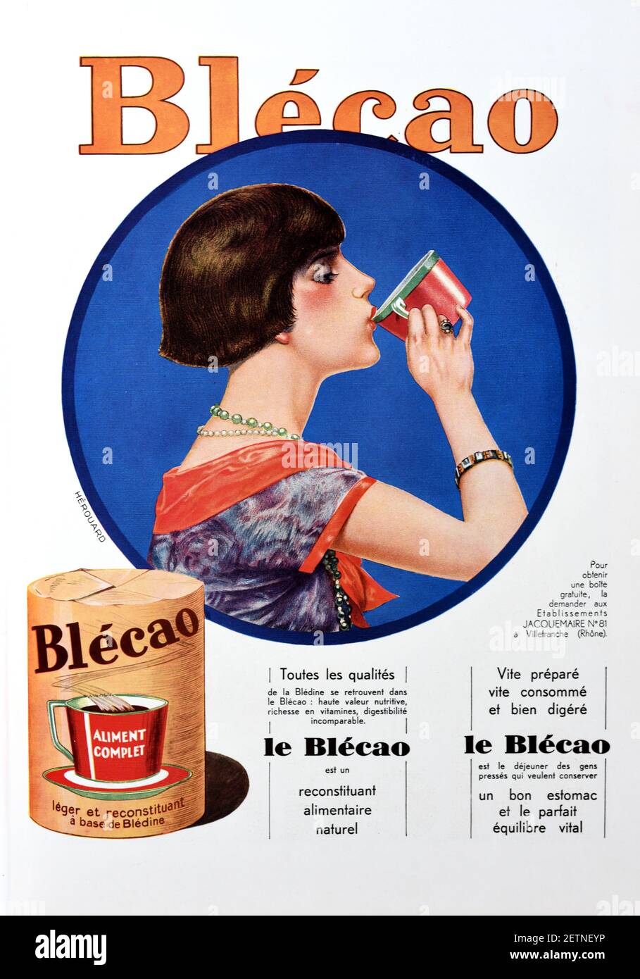 Publicité vintage, publicité ou publicité pour Blédine Blécao boisson énergétique française avec femme avec Bob Cut Drinking de la coupe 1931 Banque D'Images