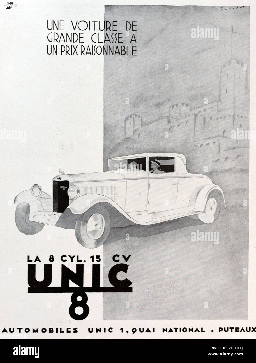 Publicité, publicité ou publicité vintage pour une voiture ou une automobile de luxe Unic 8 vintage français 1931 Banque D'Images