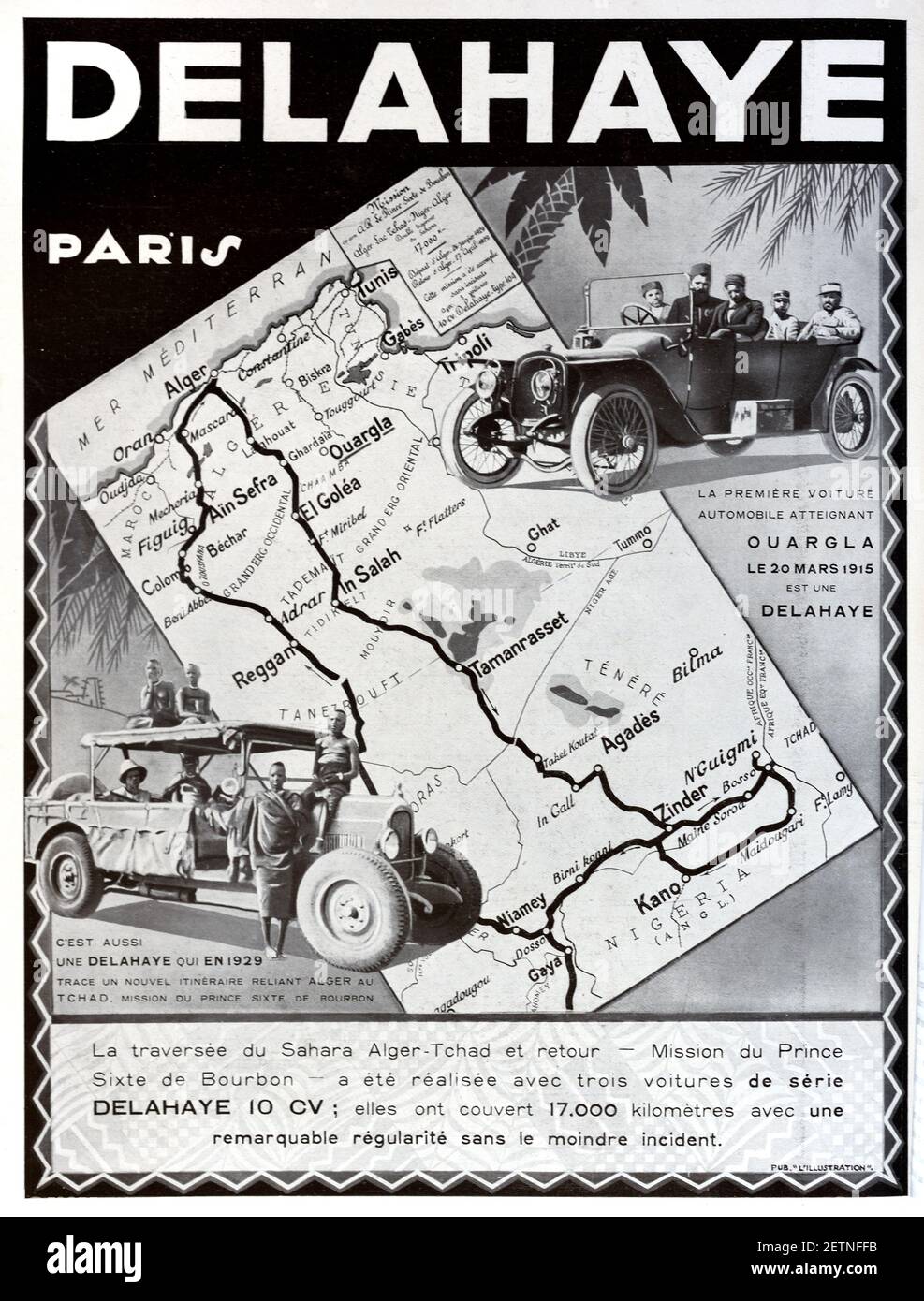 Publicité, publicité ou publicité vintage pour Delahaye Cars 1931. L'illustration est mise sur un fond de la route d'un rassemblement d'Algers en Algérie, à travers le désert du Sahara jusqu'au Nigeria Banque D'Images