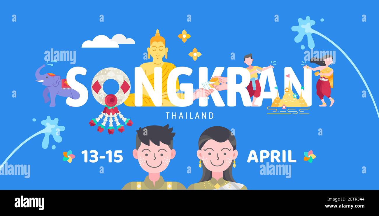 Songkran Thaïlande festival des éclaboussures d'eau célébration illustration vectorielle. Conception plate. Homme et femme jouant l'eau splash dans le bouddhisme tradi nouvelle année Illustration de Vecteur