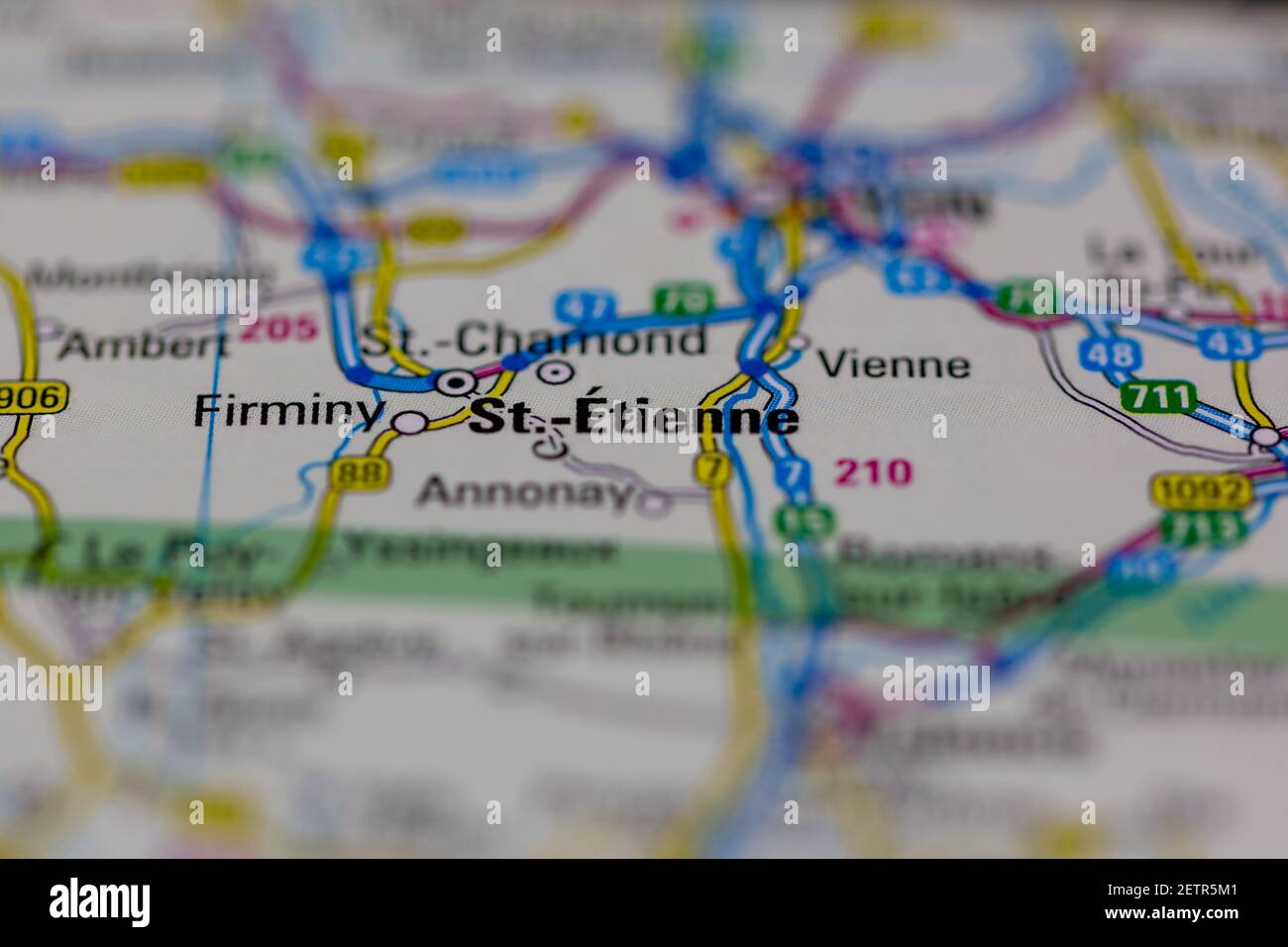 St etienne sur une carte routière ou une carte de la géographie et atlas Banque D'Images
