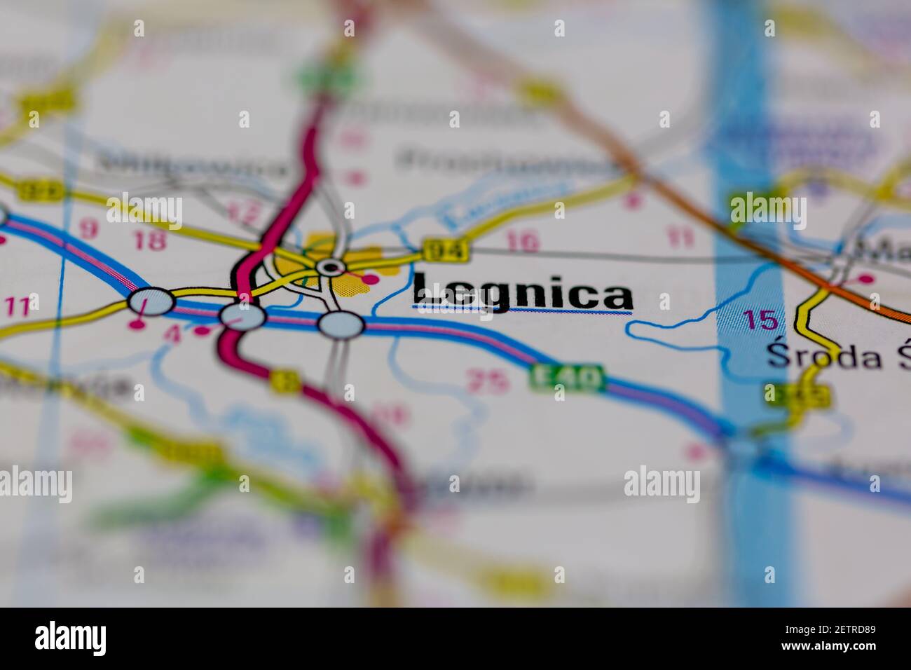 Legnica sur une carte routière ou une carte de la géographie et atlas Banque D'Images