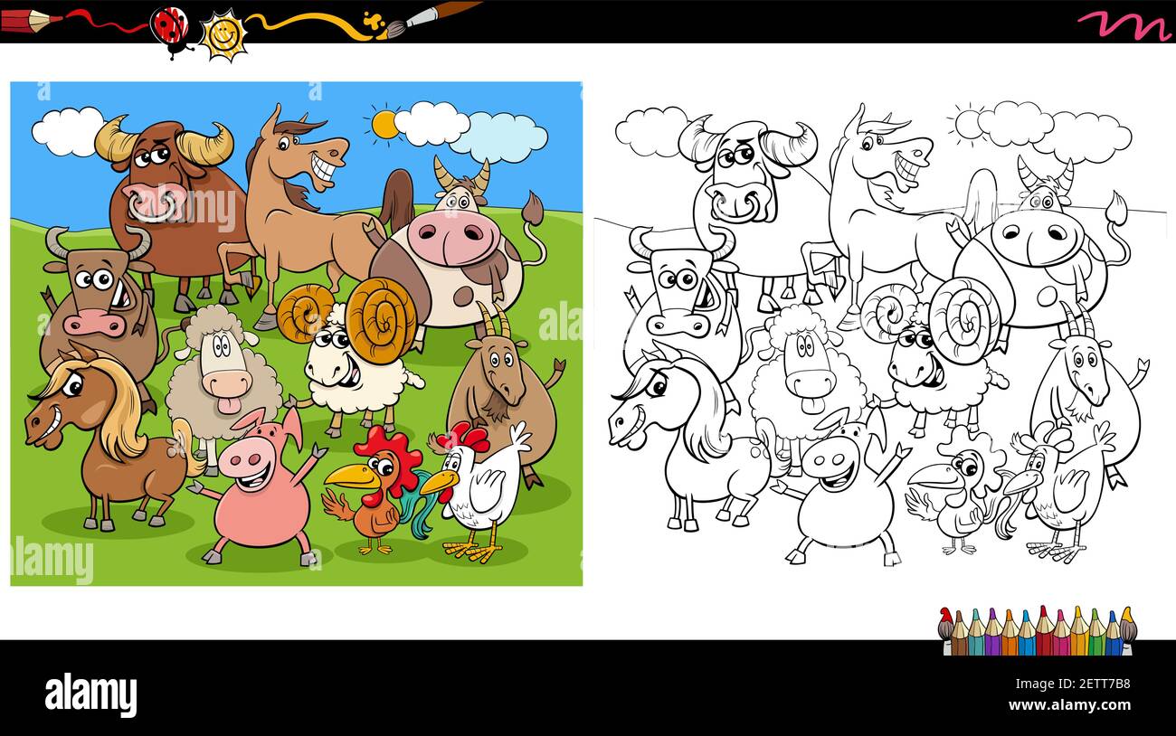 Illustration de dessin animé de Happy Farm animal caractères groupe coloriage livre page Illustration de Vecteur