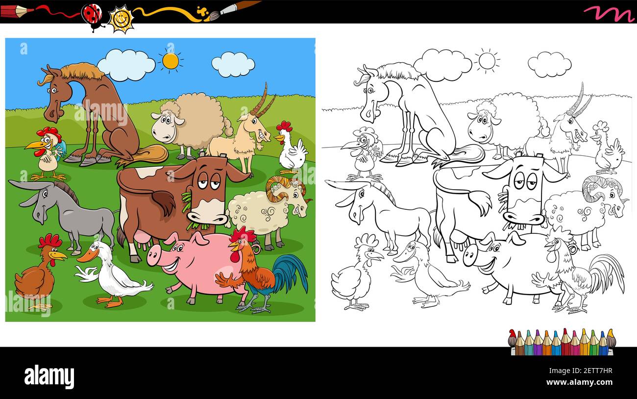 Illustration de dessin animé de drôle ferme animaux caractères groupe coloriage livre page Illustration de Vecteur