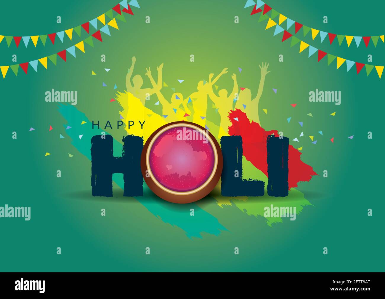 Happy Holi, affiche, bannière, modèle. Lettre élégante avec éléments Holi. Illustration vectorielle. Illustration de Vecteur