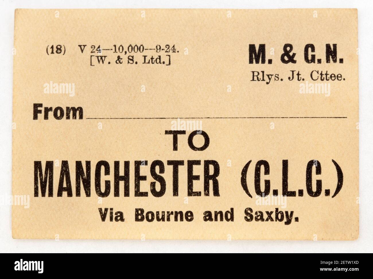 Ancienne étiquette de bagage ferroviaire à destination de Manchester Banque D'Images
