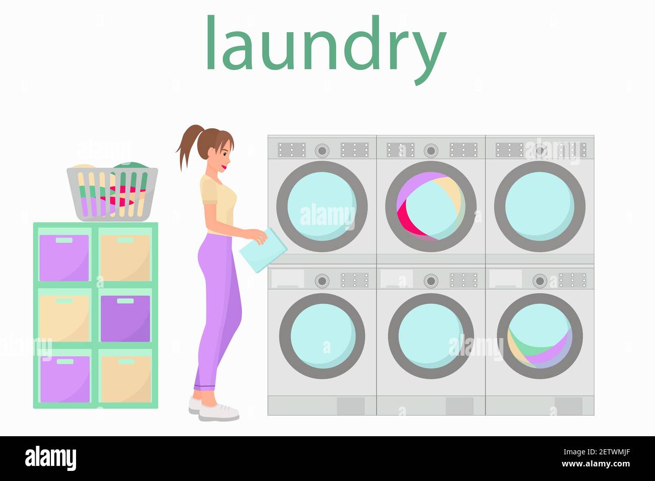 La fille lave les choses dans une blanchisserie publique. Femme lave dans le lave-linge. Buanderie Vector avec lave-linge, sèche-linge. Illustration de Vecteur