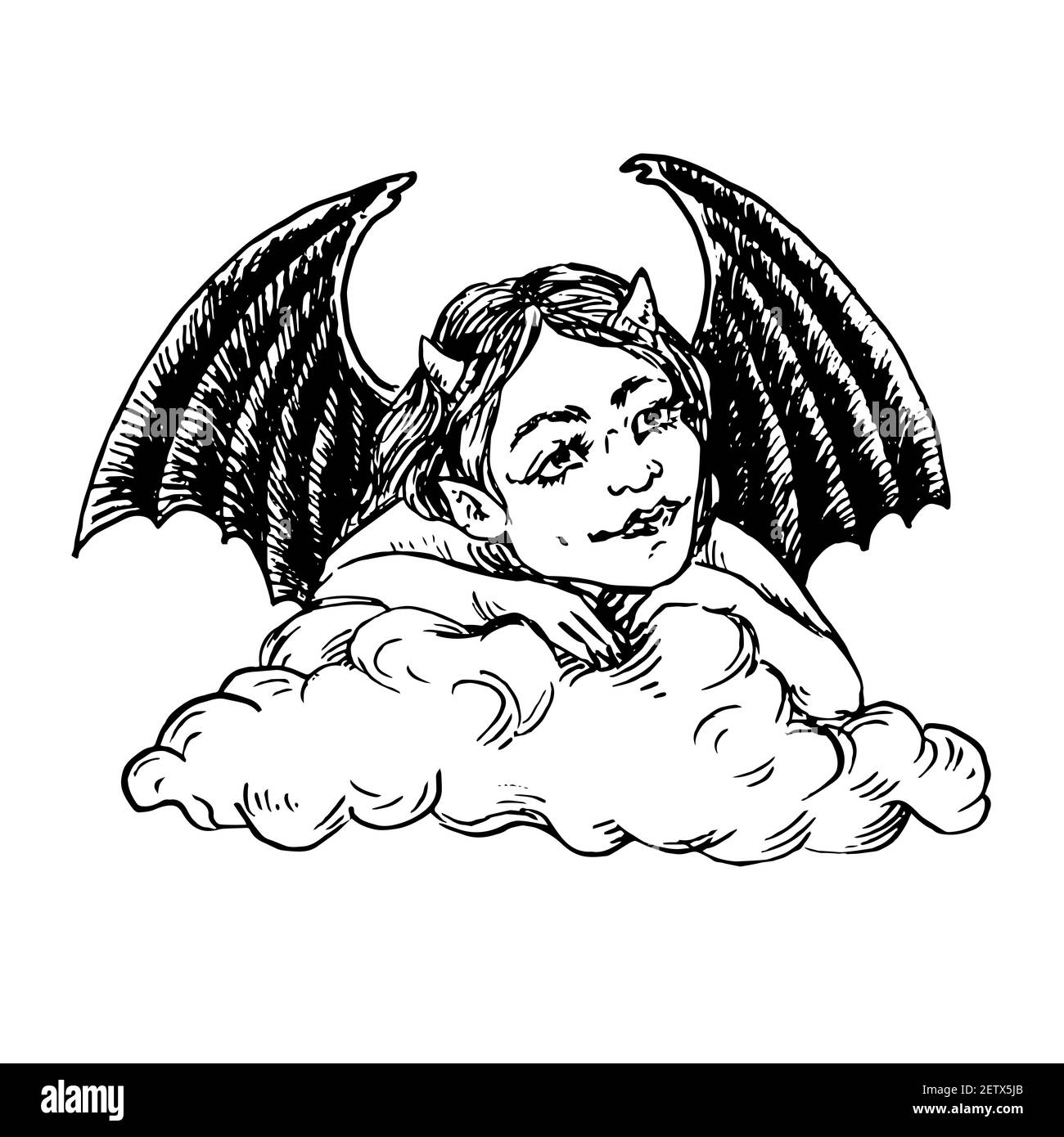 Petit mignon petit diable bébé assis heureux sur la vue de face de nuage, ailes noires, dessin de doodle, style de coupe de bois Banque D'Images