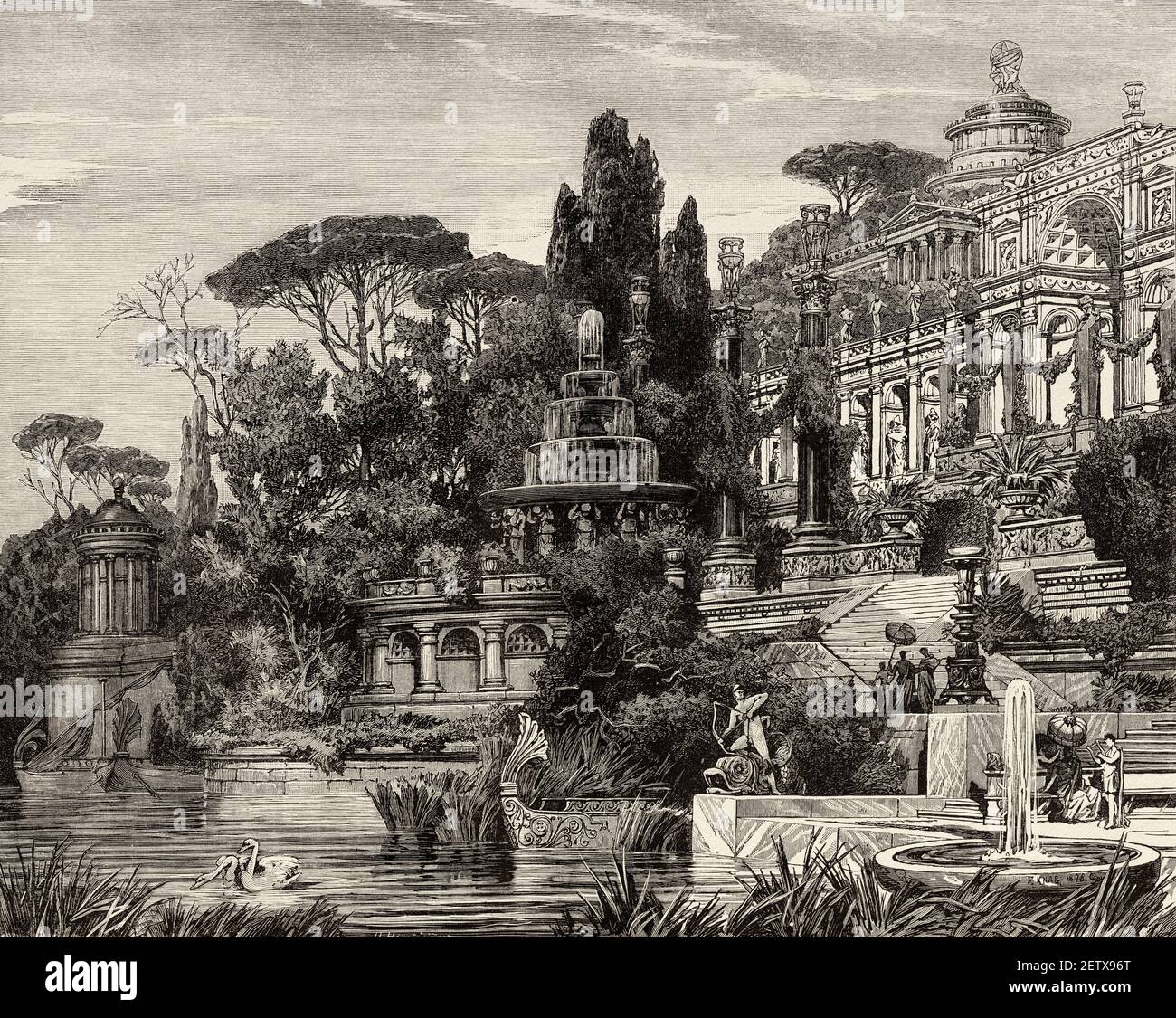 Villa romaine traditionnelle, Rome antique, Italie. Europe. Ancienne illustration gravée du XIXe siècle, El Mundo Ilustrado 1881 Banque D'Images