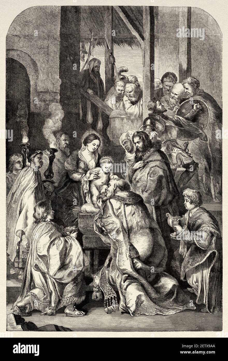 L'adoration des Mages, peinture de Peter Paul Rubens. Ancienne illustration gravée du XIXe siècle, El Mundo Ilustrado 1881 Banque D'Images