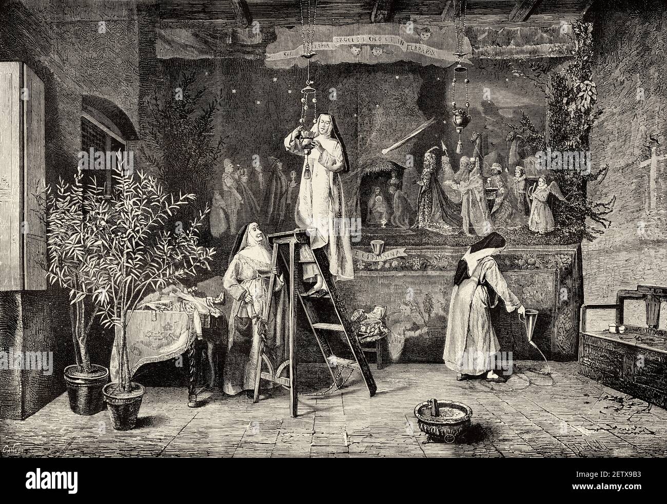 Religieuses et berceau sur l'Epiphanie, peinture de Celestino Turletti (1845-1904) ancienne illustration gravée du XIXe siècle, El Mundo Ilustrado 1881 Banque D'Images