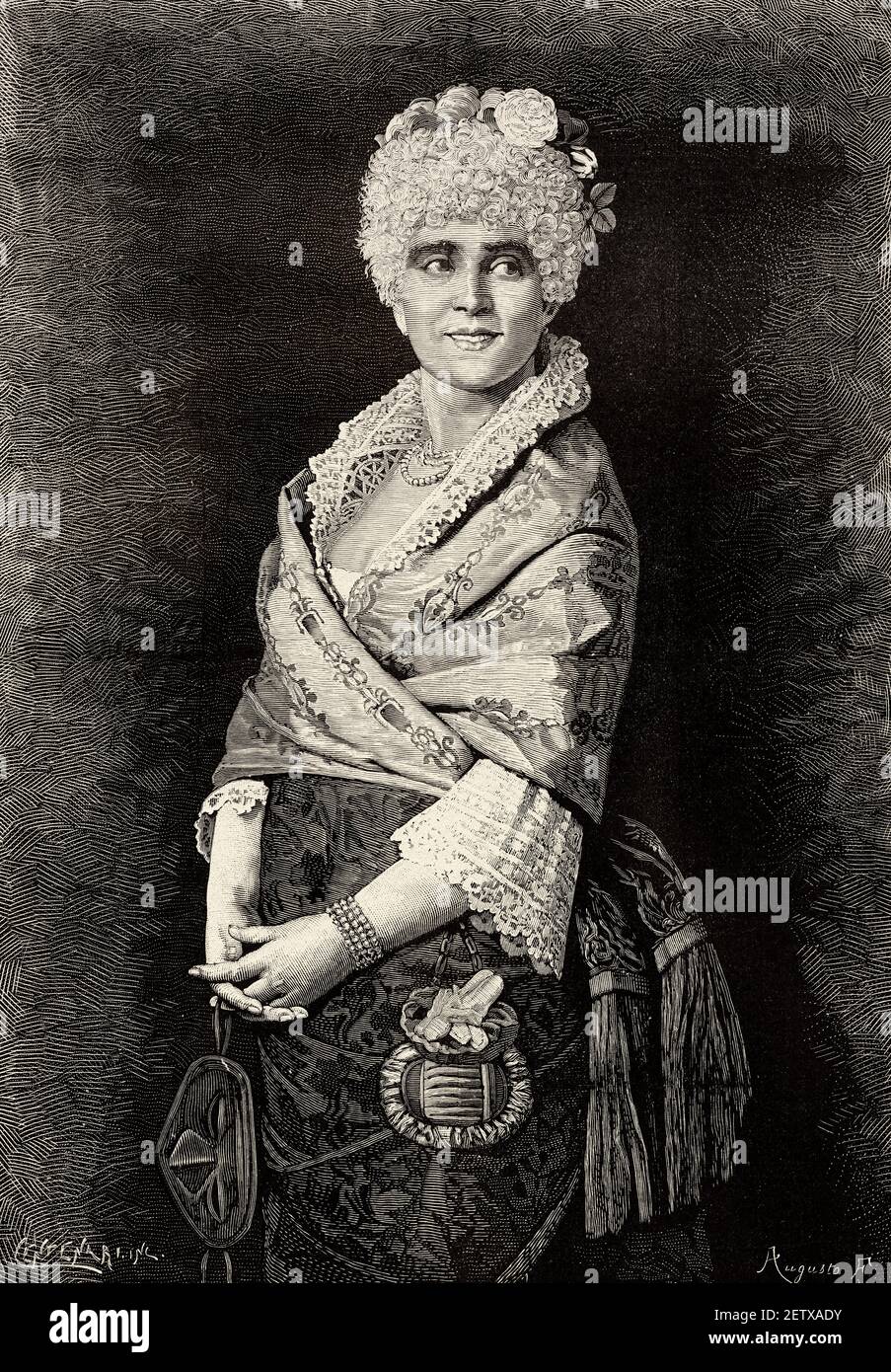 Femme vénitienne du XIXe siècle vêtue de vêtements traditionnels pour le Carnaval de Venise. Italie, Europe. Ancienne illustration gravée du XIXe siècle, El Mundo Ilustrado 1881 Banque D'Images