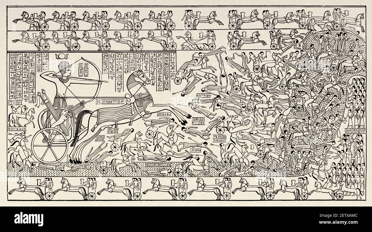 Relief du Ramesseum représentant la bataille de Ramses contre le Kheta à Kadesh sur le fleuve Orontes, Thèbes, Égypte ancienne. Afrique. Ancienne illustration gravée du XIXe siècle, El Mundo Ilustrado 1881 Banque D'Images