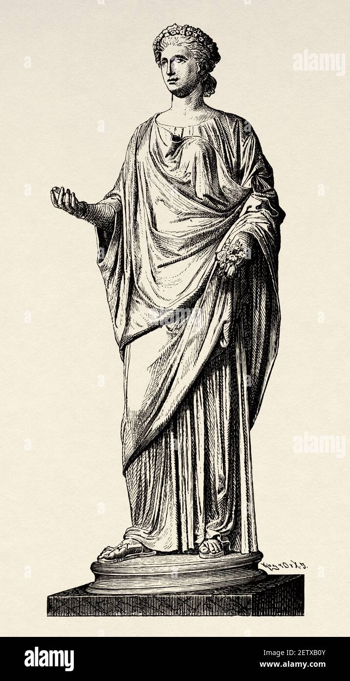 Mythologie romaine. Flore déesse farnèse de fleurs, jardins et source, empire romain antique. Italie, Europe. Ancienne illustration gravée du XIXe siècle, El Mundo Ilustrado 1881 Banque D'Images