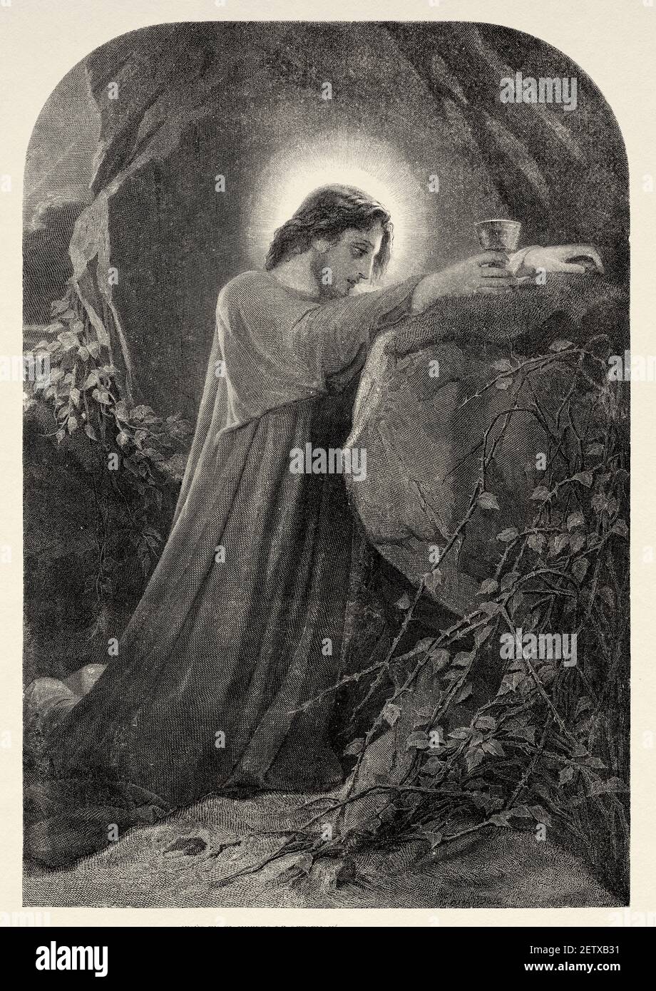 Agonie dans le jardin. Notre Seigneur Jésus prie à Getsemani sur le Mont des oliviers. Matthew livre, Nouveau Testament Histoire biblique sacrée. Ancienne illustration gravée du XIXe siècle, El Mundo Ilustrado 1881 Banque D'Images